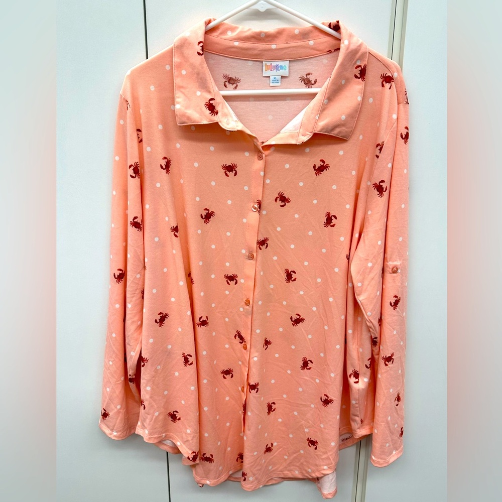 Pink Button-Up Shirt with Red Crab Print